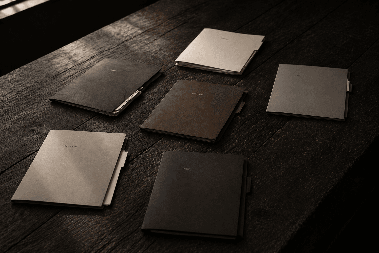 Folders on a table, representing organized deal materials and permissioned access