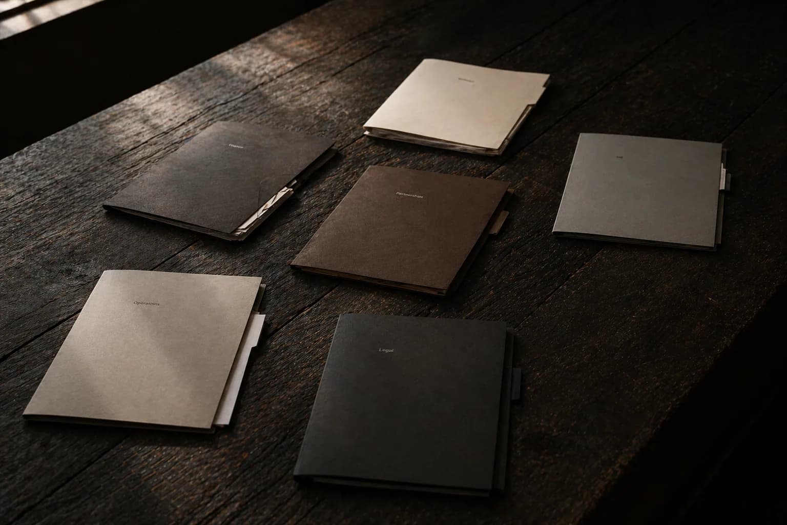 Folders on a table, representing organized deal materials and permissioned access